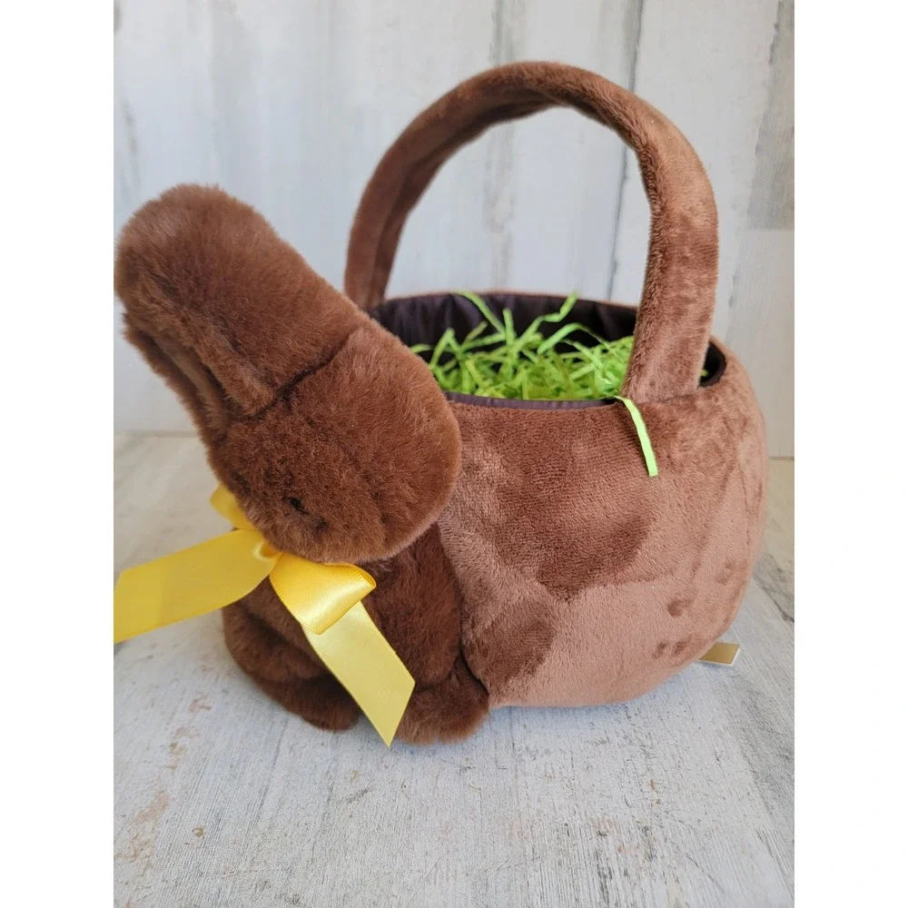faux Chocolate Easter Bunny plush basket spring home decor rabbit bucket bow